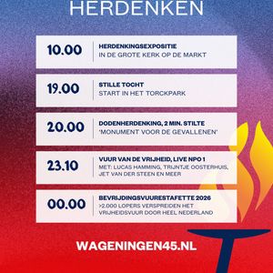 4 mei staat in het teken van herdenken 🇳🇱🕊️Vanuit Wageningen, Stad der Bevrijding, staan we stil bij 81 jaar vrijheid met een divers programma: 

🖼️ De Herdenkingsexpositie met Wageningse oorlogsverhalen.
🧡 Stille tocht met start in het Torckpark. 
🕗 Nationale Dodenherdenking met om 20:00 uur twee minuten stilte.
🔥 Vuur van de Vrijheid over medemenselijkheid, live vanaf het 5 mei-plein bij de NOS op NPO 1.
🏃‍♀️ De Bevrijdingsvuurestafette met duizenden lopers die het vuur door heel Nederland verspreiden. 

Hoe herdenk jij vanuit Wageningen? #MaakHetVerschil 🫶
