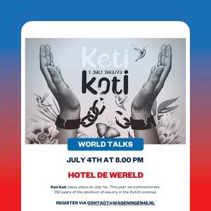 𝐖𝐨𝐫𝐥𝐝 𝐓𝐚𝐥𝐤: '𝐅𝐫𝐞𝐞𝐝𝐨𝐦 𝐜𝐨𝐦𝐞𝐬 𝐟𝐫𝐨𝐦 𝐰𝐢𝐭𝐡𝐢𝐧'
Keti Koti takes place on July 1st. This year we commemorate 150 years of the abolition of slavery in the Dutch colonies. The freedom gained at the time came from within. 
How do we commemorate this event? How do we actually visualize the shift in perspective; that freedom comes 'from within'? 

Journalist 𝗡𝗮𝘁𝗮𝘀𝗰𝗵𝗮 𝘃𝗮𝗻 𝗪𝗲𝗲𝘇𝗲𝗹 dives into this topic with her two guests: 
* Dr. 𝗘𝗺𝗺𝗮𝗻𝘂𝗲𝗹 𝗔𝗸𝘄𝗮𝘀𝗶 𝗔𝗱𝘂-𝗔𝗺𝗽𝗼𝗻𝗴, from Wageningen University & Research, explains how stories and visible heritage of the past can connect people in the face of future perspective. 
* Artist 𝗥𝗶𝗰𝗵𝗮𝗿𝗱 𝗞𝗼𝗳𝗶 made the performances Mi Alma en La Sirene, together with his partner, showing that the history of slavery, the colonial past and how we perceive freedom in this day and age are intertwined. 

Register via 𝗰𝗼𝗻𝘁𝗮𝗰𝘁@𝘄𝗮𝗴𝗲𝗻𝗶𝗻𝗴𝗲𝗻𝟰𝟱.𝗻𝗹. hopefully we will see you July 4th at 8 pm at Hotel de Wereld.
More information on our website www.wageningen45.nl.

#MakeTheDifference