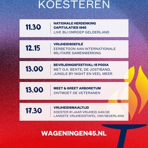 5 mei staat in het teken van koesteren 🕊️Vanuit Wageningen, Stad der Bevrijding, staan we stil bij 81 jaar vrijheid met een divers programma:

🇳🇱 De Nationale Herdenking Capitulaties 1945, live bij @omroepgld vanaf het 5 Mei Plein
🌷 Vrijheidsdefilé: een eerbetoon aan militaire samenwerking: @minvandefensie 
🎶 Bevrijdingsfestival Gelderland: 15 podia door de stad met o.a. @bente_mf, @jostiband_orkest, @fokkesimons, @djjulietfox, @wagastorm, @de_baron_music, @junglebynight en veel meer!
🤝 Meet & Greet Arboretum: ontmoet de veteranen! 
🍽️ Vrijheidsmaaltijd: koester 81 jaar vrijheid aan de langste vrijheidstafel van Nederland. Bestel nu je tickets via link in bio. 

Hoe koester jij de vrijheid in Wageningen? #MaakHetVerschil 🫶